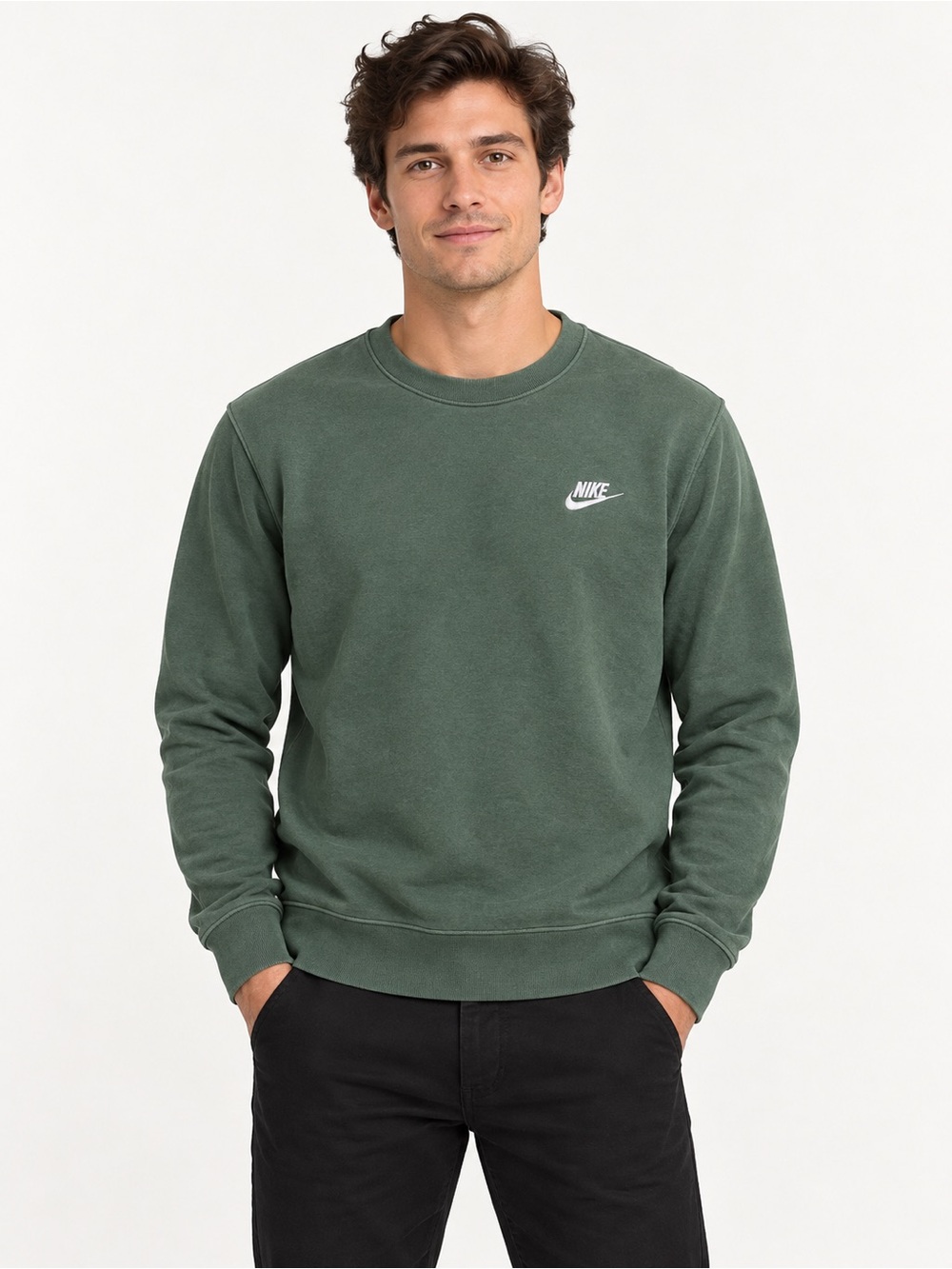 Nike Men's Forest Green Crewneck Sweatshirt  Embroidered with White Swoosh